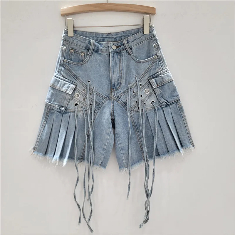 American Retro Multi-pocket Strap Overalls Pants 2025 Summer Spice Girls Street Heavy Industry Design Wide-leg Short Pants