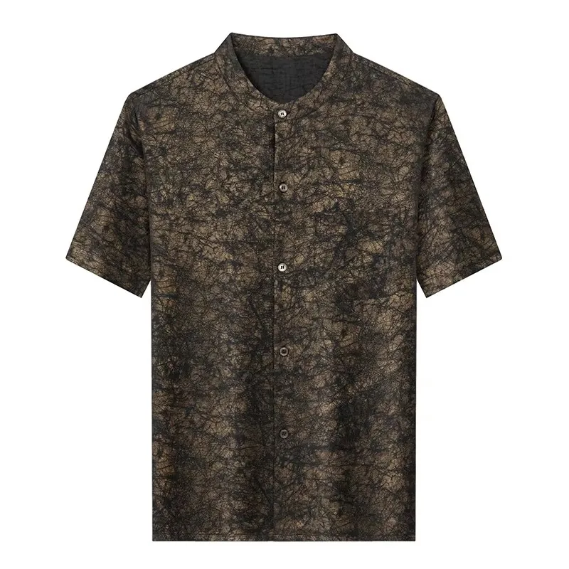 Gilding Geniune Silk 100% Shirts For Men Short Sleeve Luxurious Summer Quality Lightweight Tang Costume Pocket Camisas De Hombre