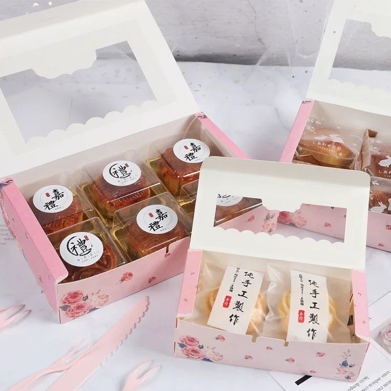 10PCS Paper Gift Box With Window Pink Flower Cupcake Box Packaging Boxs For Cake Candy Cookies Christmas Party Favors