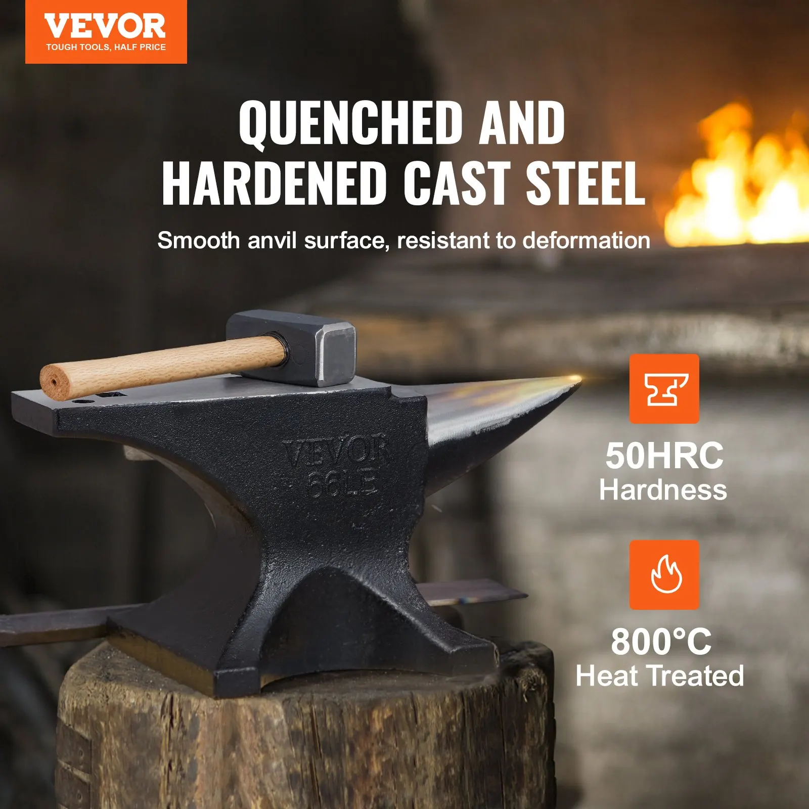 VEVOR Single Horn Anvil,9/22/66 Lbs Cast Steel Anvil High Hardness Rugged Round Horn Anvil Blacksmith with Round and Square Hole