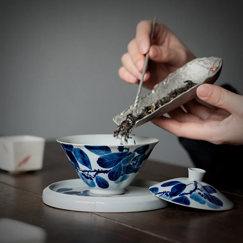 100ml Pure Handpainted Persimmon Ceramic Tea Tureen Blue And White Covered Bowl With Cover Tea Maker Gaiwan Kung Fu Tea Ceremony