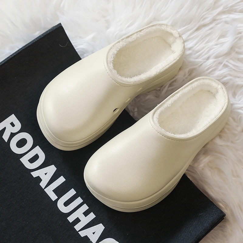 

Men and Women Winter Cotton Shoes Waterproof and Oil Resistant Chef Shoes Men's Platform Warm Clogs Fur Slides Fluffy Slippers