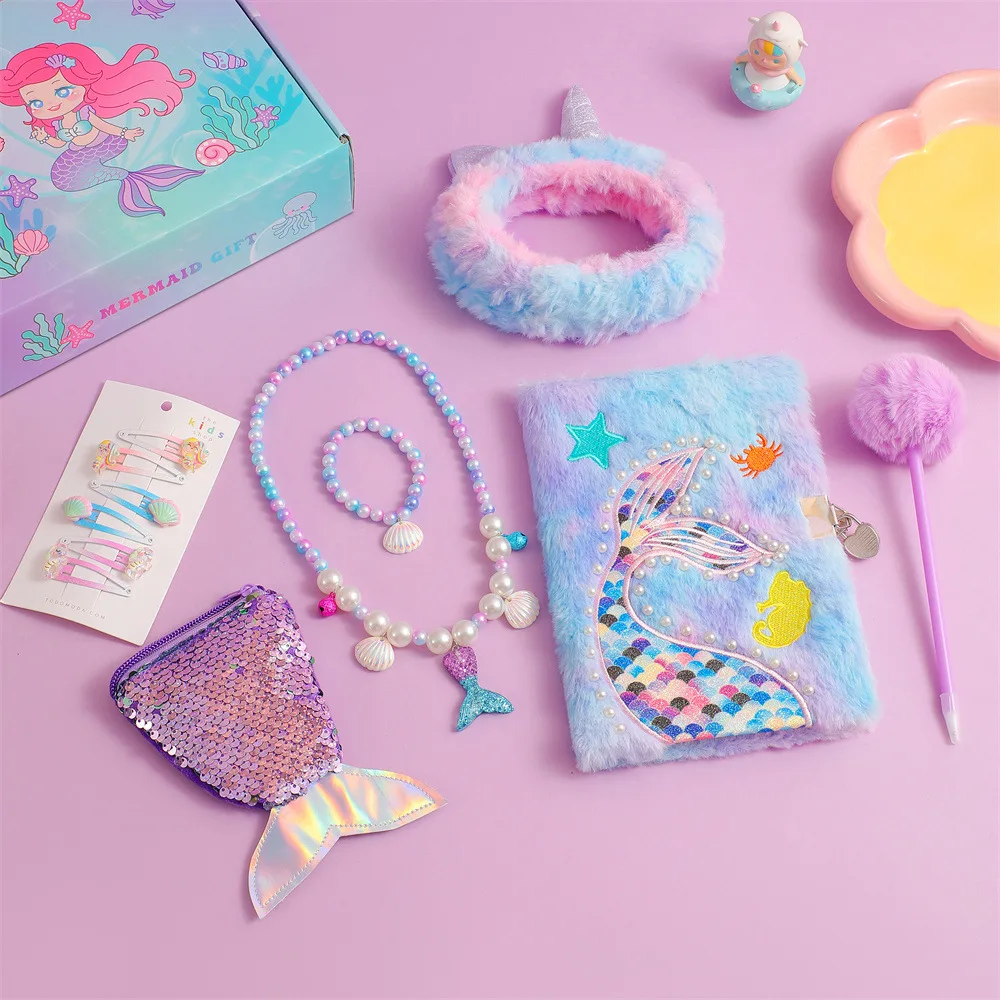 Cute Cartoon Unicorn Plush Notebook Ballpoint Pen Jewelry Stationery Set Children's School Crossbody Bag Reward Gifts