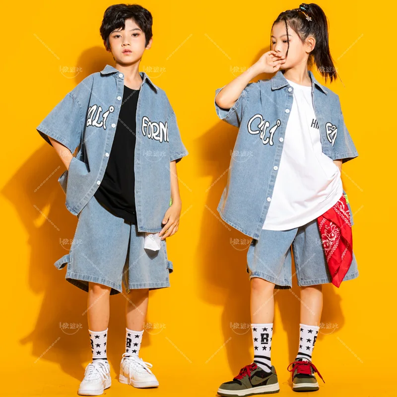 Fashion Denim Jeans Shirt Shorts Kids Hip Hop Dancing Clothes for Girls Boys Jazz Dancewear Street Dance Wear Ballroom Costumes