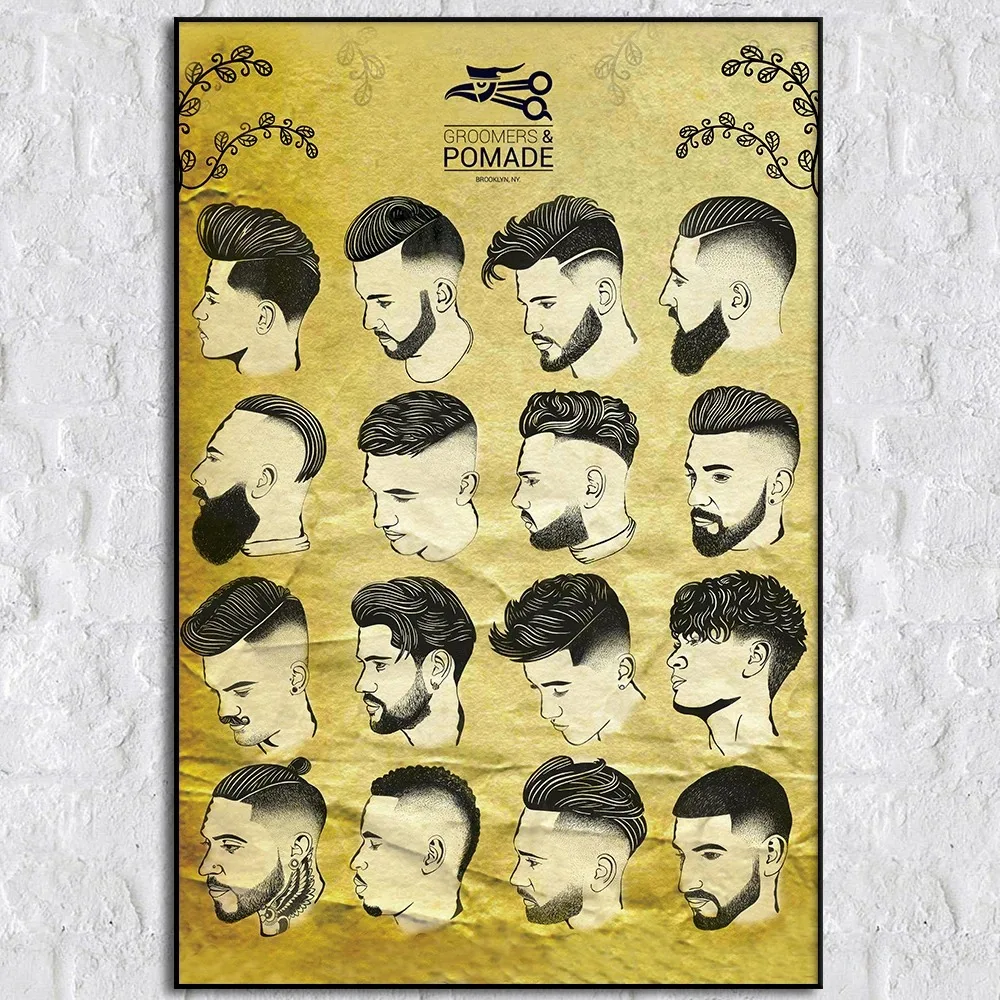 Mens Hairstyles Poster Vintage Wall Art Canvas Painting Print Black Golden Groomer Pomade Picture Barber Shop Room Decor Cuadros