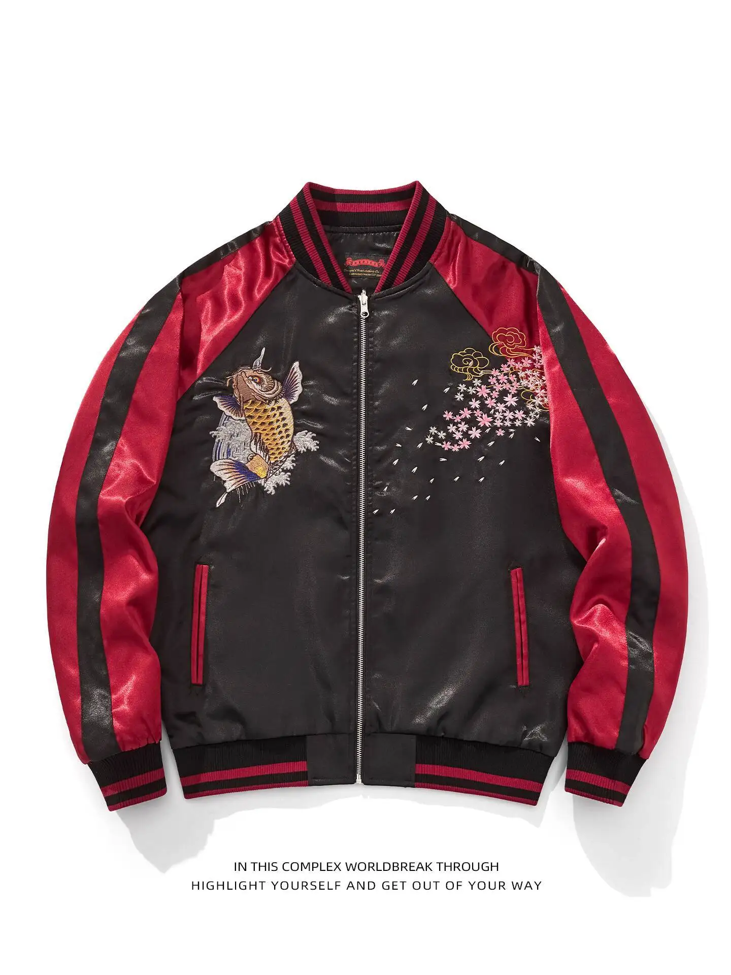 

SUKAJAN куртка с вышивкой, бейсбольная куртка, морская синяя куртка с карпом, пальто, унисекс, атласная куртка Yokosuka