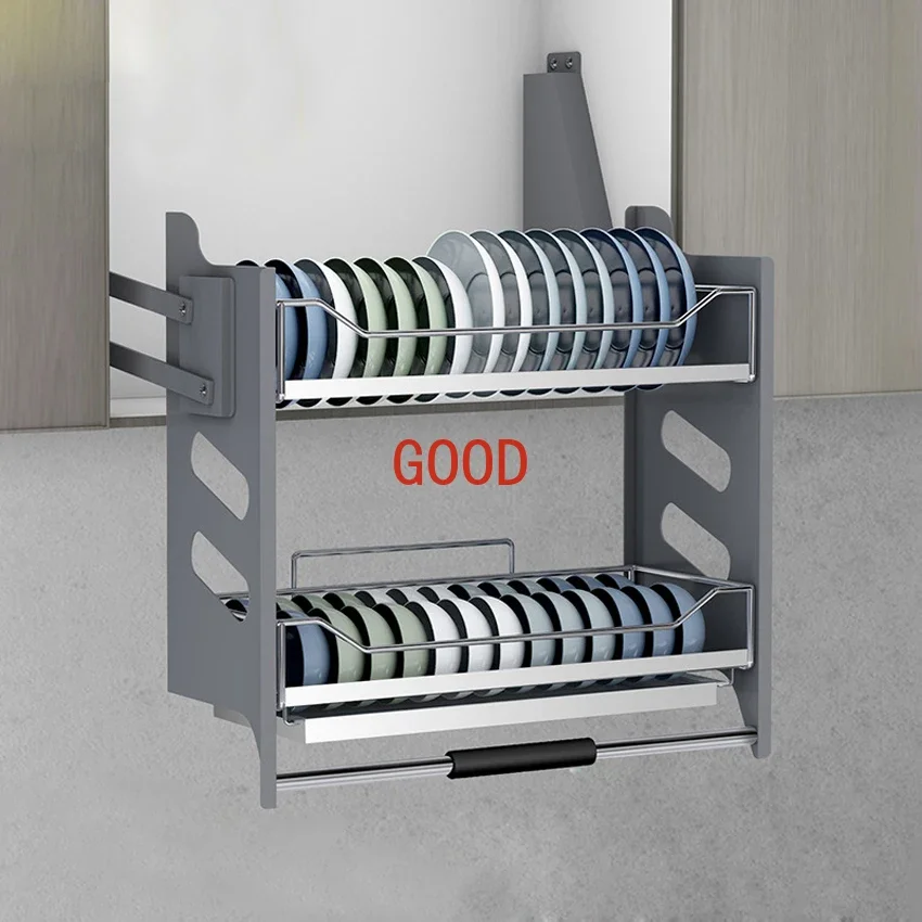 Kitchen hanging cabinet lifting dishes pull baskets 304 stainless steel double layer Damping hydraulic smooth lift bowls shelf