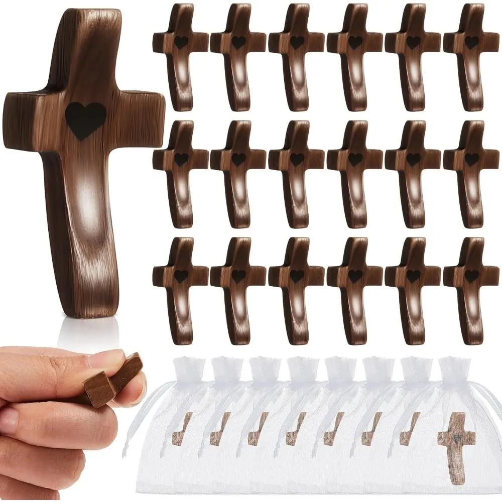 6‑30Sets Wooden Pocket Comfort Crosses Anti‑Stress Hand Cross with Organza Bag Baptism Church Event Giveaway Faith Keepsake Gift