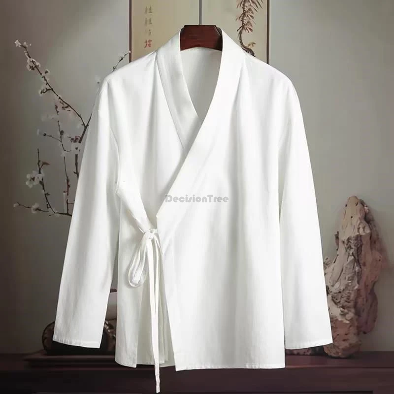 

2025 New Chinese retro national style men women's cross collar long sleeve Tang suit blouse loose Lace-up daily Hanfu shirt
