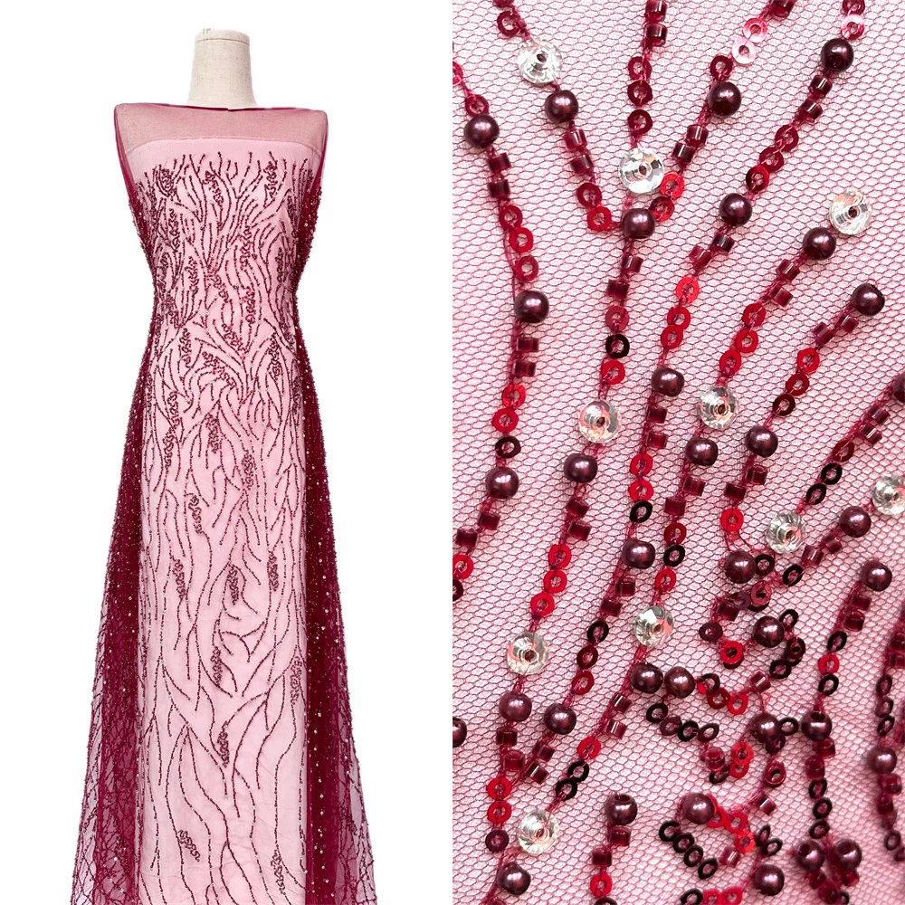 

Red Luxury African Lace Fabric 2026 High Quality Sequins Beads Lace Fabric For Nigeria Wedding French Net Lace Fabric Christmas