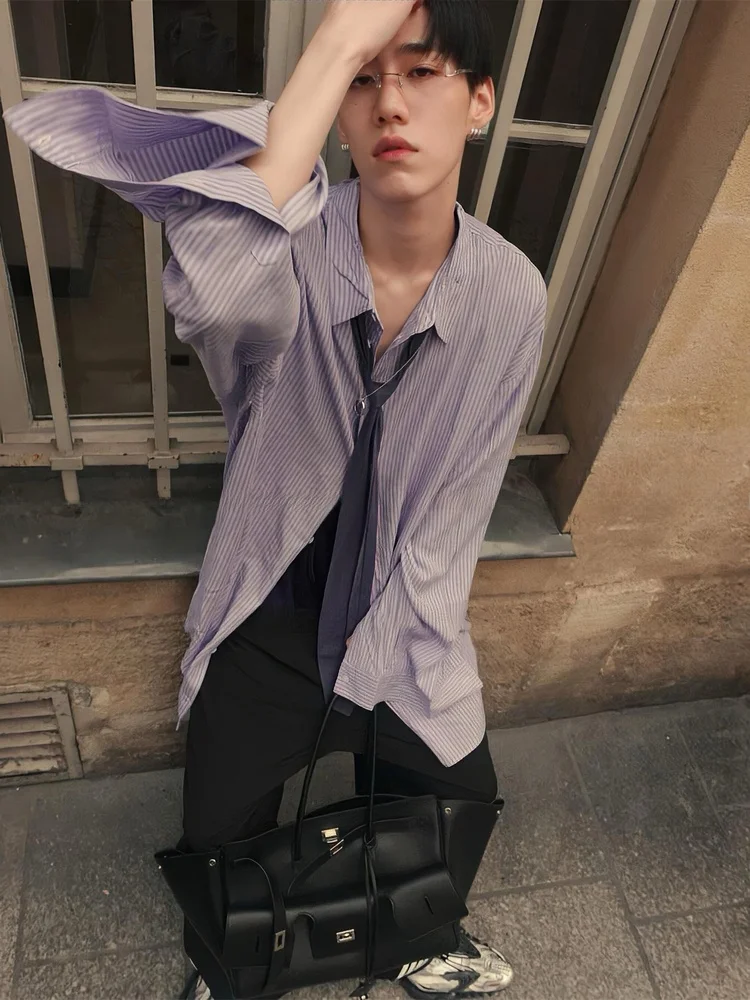 

Синяя рубашка с белыми вертикальными полосками свободного кроя с воротником для мужчин и женщин VANA ILUSION, хлопковая летняя модная уличная одежда