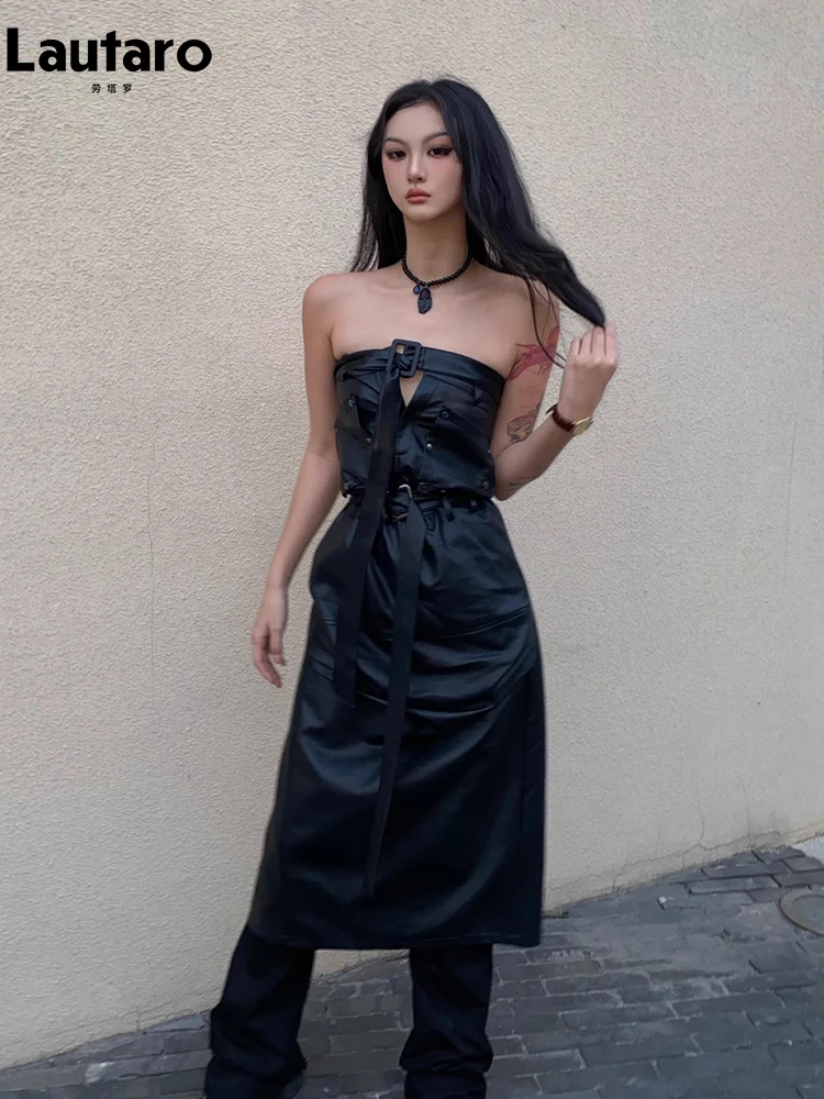 Lautaro Spring Autumn Cool Black Pu Leather Maxi Skirt Women with Back Slit Belt High Waist Long Luxury Designer Clothes 2023