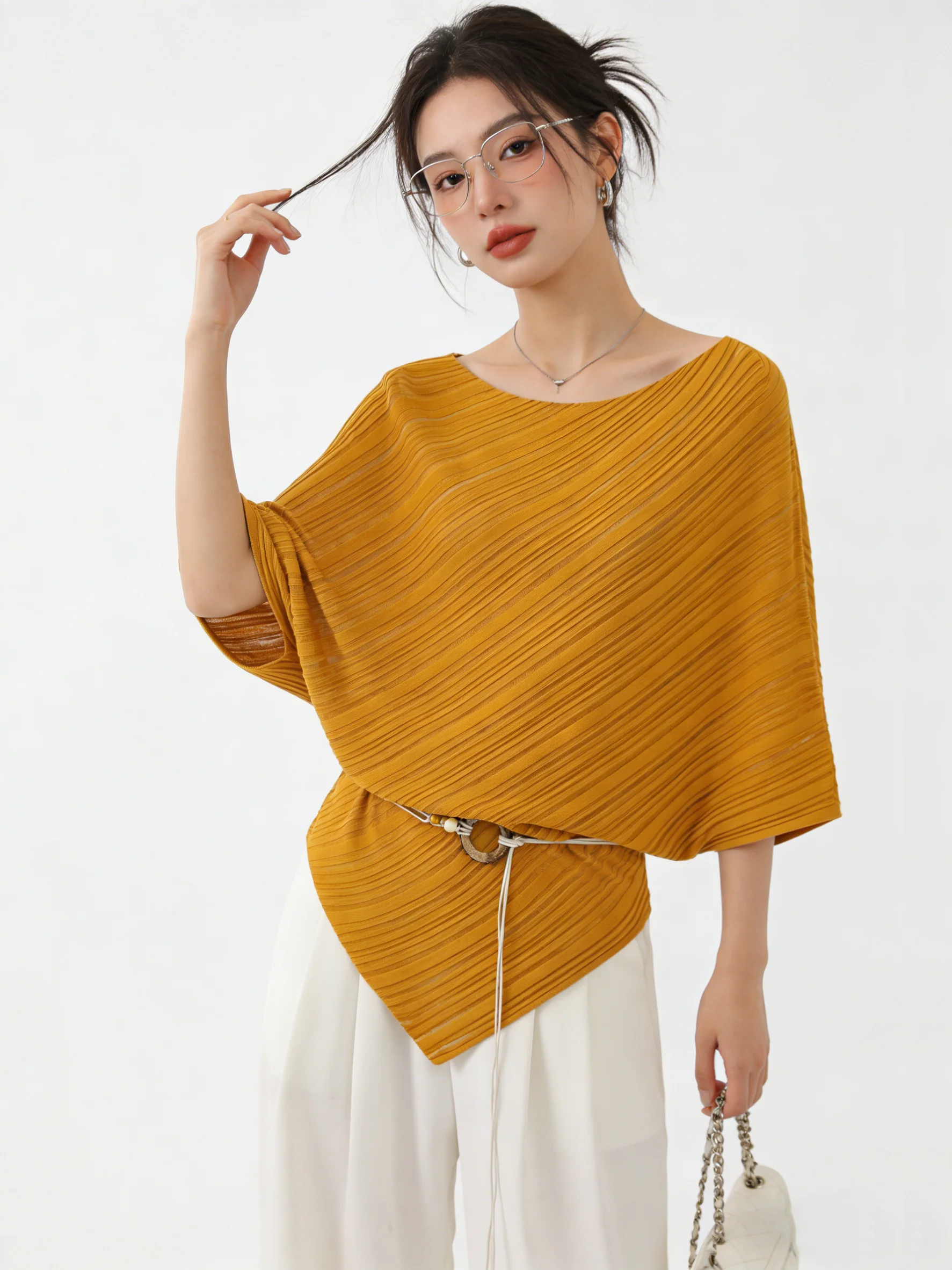 

Orange Batwing Sleeve Knitted Top Loose Summer Elegant One Shoulder Thin Short Sleeve Women's Fashion T-Shirt Korean Style