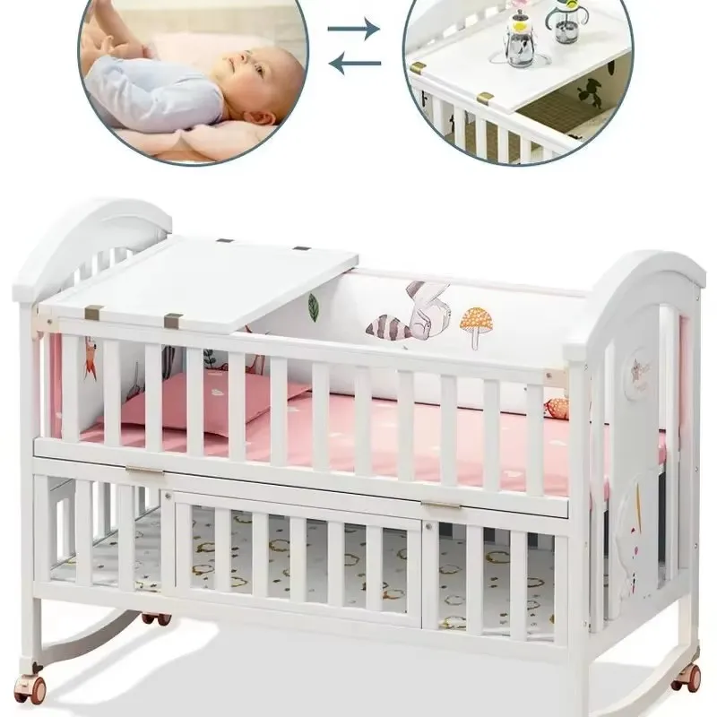 White Color Multifunctional Baby Crib, Solid Wood Newborn BB Cradle Cot, Can Splicing Big Bed With Bedding sets