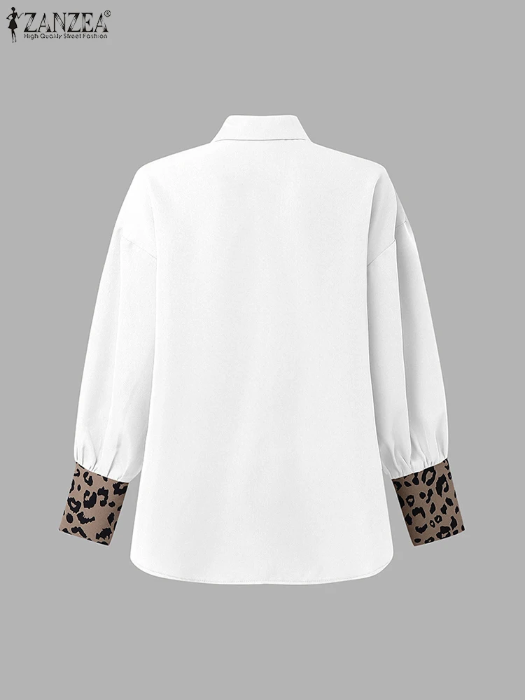 ZANZEA Women Shirts Fashion Patchwork Leopard Tops 2025 Vintage Long Sleeve Tunic Casual Loose Lapel Neck Elegant OL Work Blusas