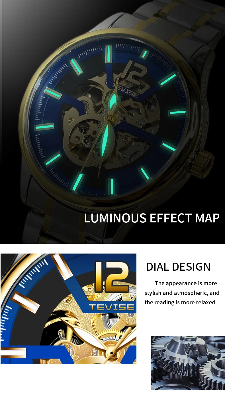 2025 TEVISE ساعة أوتوماتيكية للرجال ساعة يد ميكانيكية مع حزام من الفولاذ المقاوم للصدأ مقاومة للماء هيكل عظمي مضيء هدية