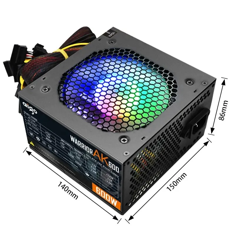 Aigo AK 600W PC PSU 전원 공급 장치, BTC용 데스크탑 컴퓨터 전원 공급 장치, 게임용 저소음 블랙 RGB 선풍기, 24 핀, 12V ATX, 120mm