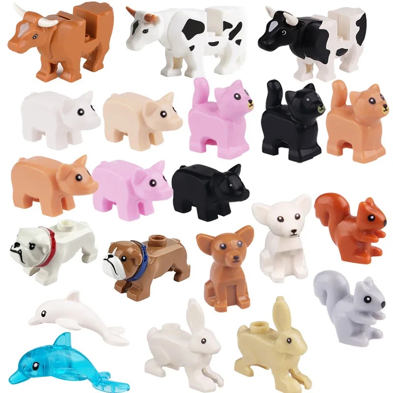 

MOC City Animal Building Block Figures Hare Dairy Cow Squirrel Dolphin Pug DIY Farm Street View Accessories Bricks Toys Gifts