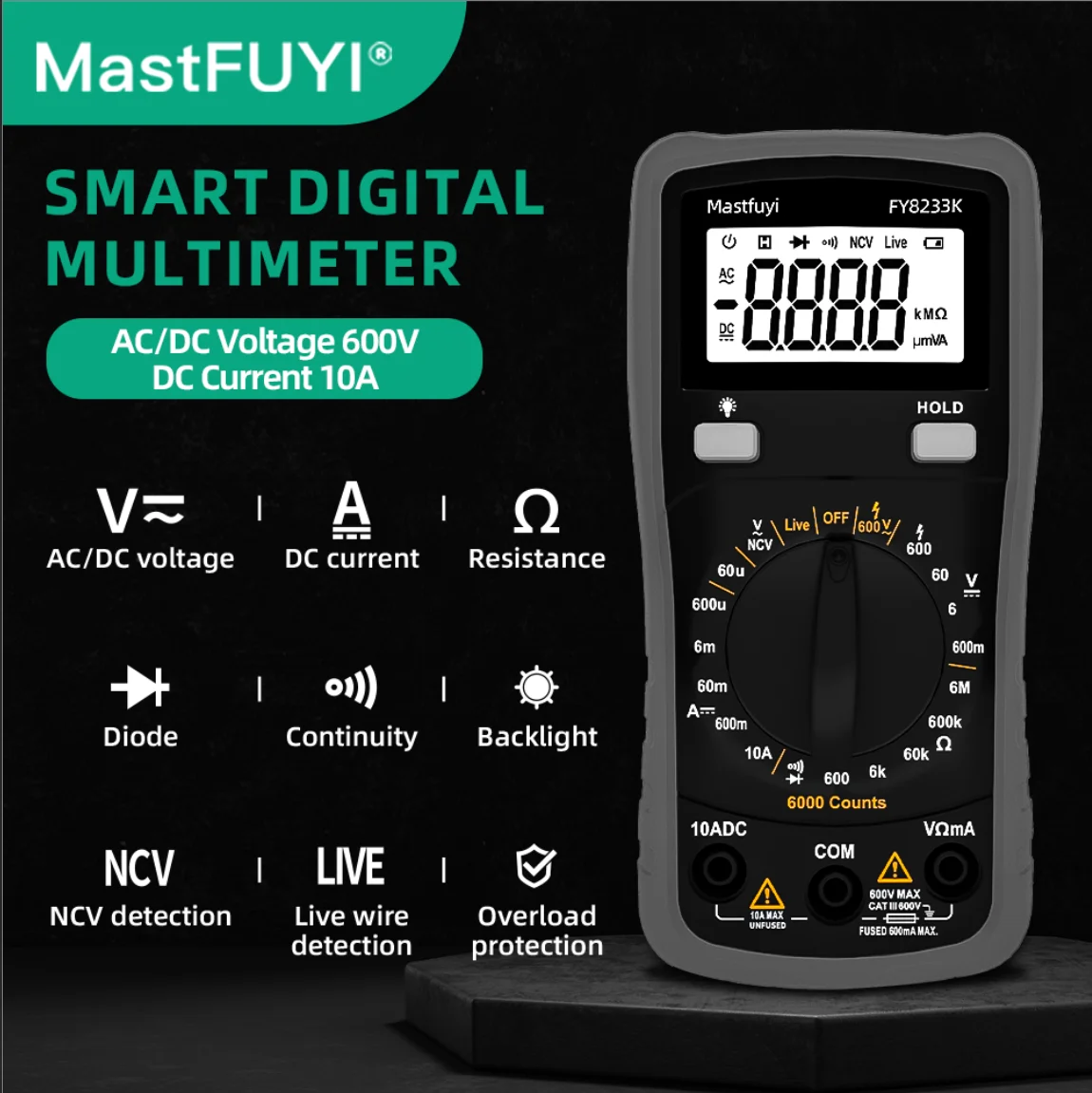 

MASTFUYI 6000 Counts Digital Multimeter Voltmeter Ammeter Ohm Tester 600V AC/DC Capacitance Frequency NCV with Backlight