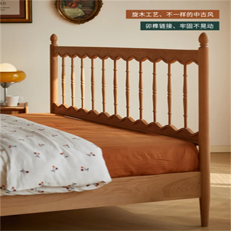 Cama doble de madera maciza de cerezo japonés, dormitorio principal nórdico de 1,5 m, estilo retro, 1,8 m