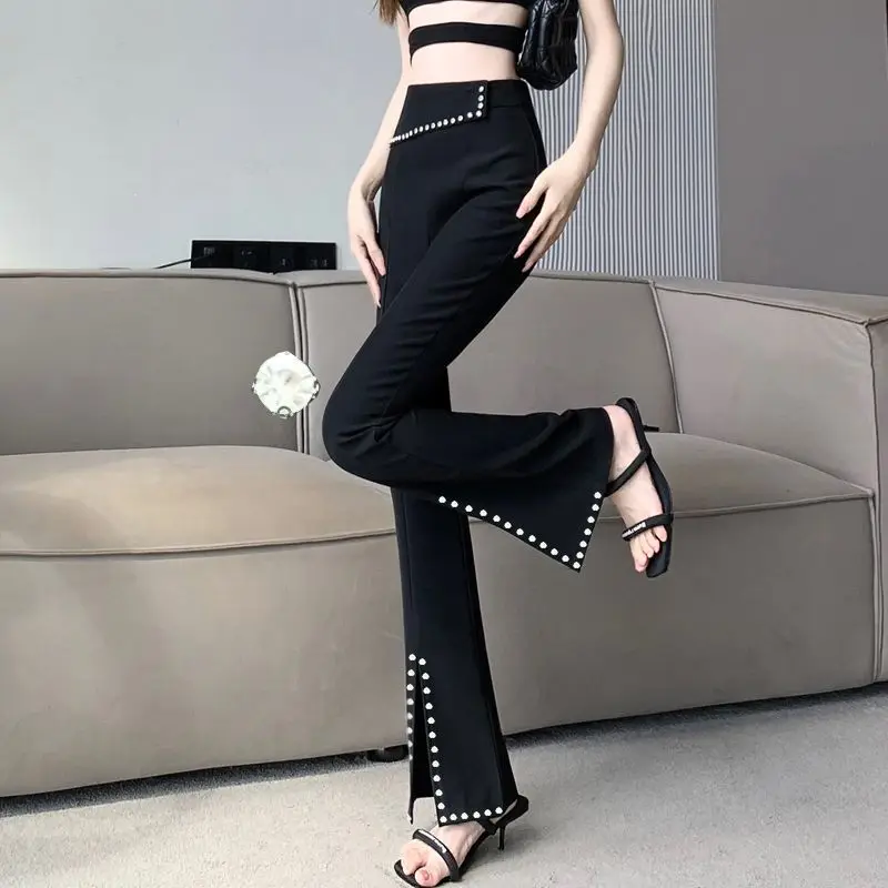 

Офисные черные расклешенные женские брюки, все средние брюки одного размера, высококачественные эстетические классические брюки G, женские брюки