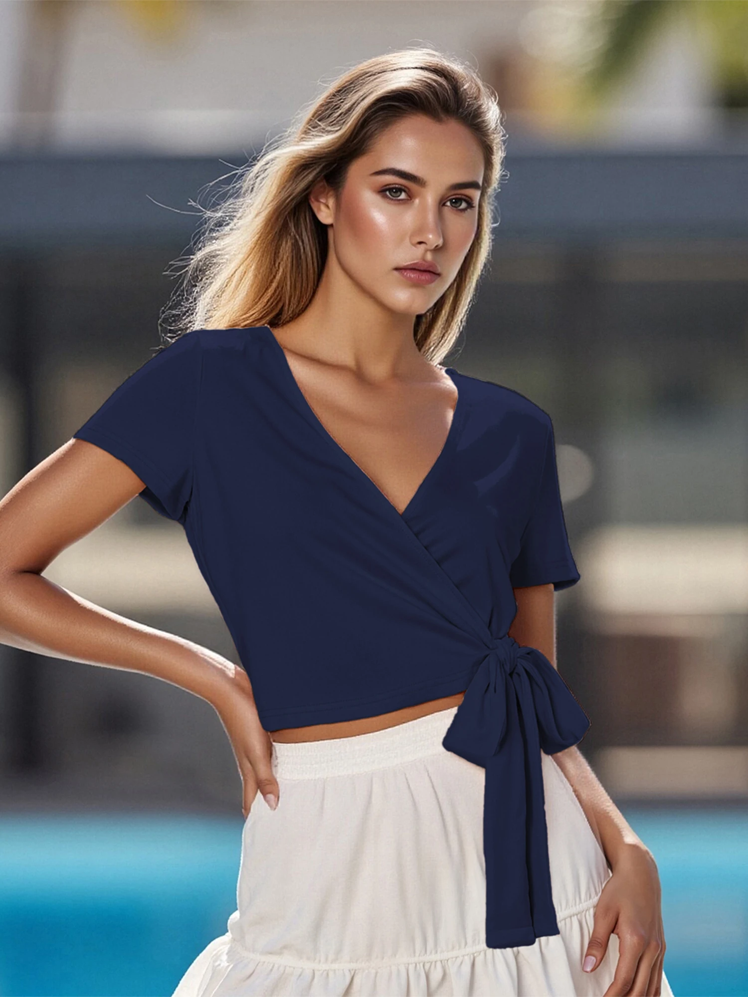 

Элегантная женская летняя блузка с запахом, V-образным вырезом и короткими рукавами, идеально подходящая для занятий йогой, балетом, фитнесом и танцами