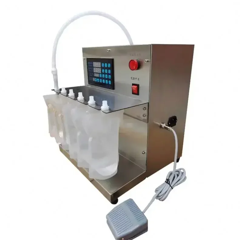 Small Semi Automatic Quantitative Liquid Beverage Milk Filling Machine Suction Nozzle Self Standing Design