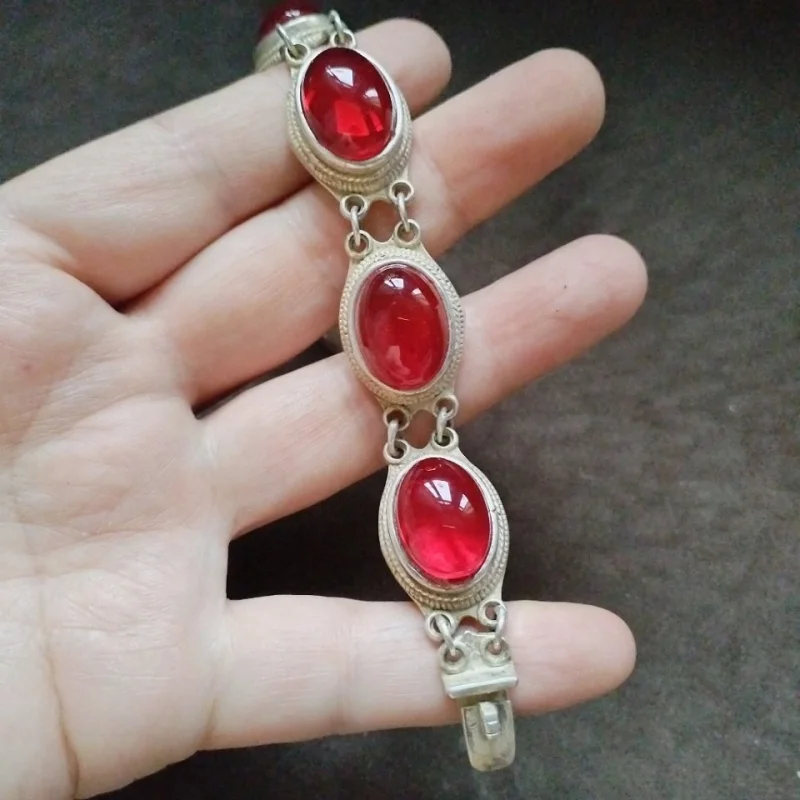 Backflow Pulp Old Inlaid Red Stone Tibetan Silver Bracelet