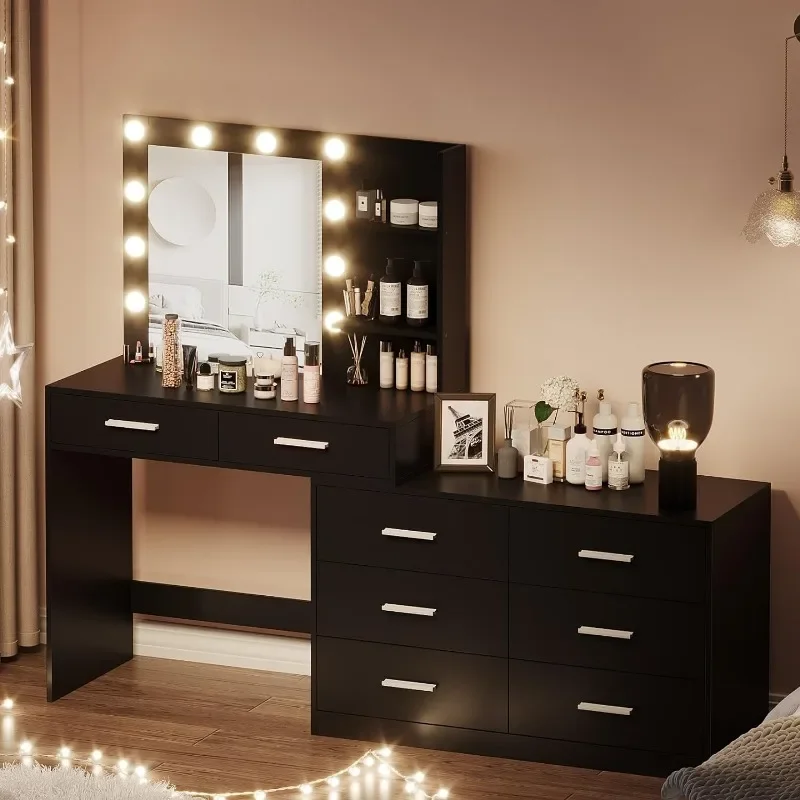 Vanity Desk with Mirror and 3-Color Lights, 8 Drawers Vanity Table with Side Storage Shelf, Dressing Table, Adjustable Width