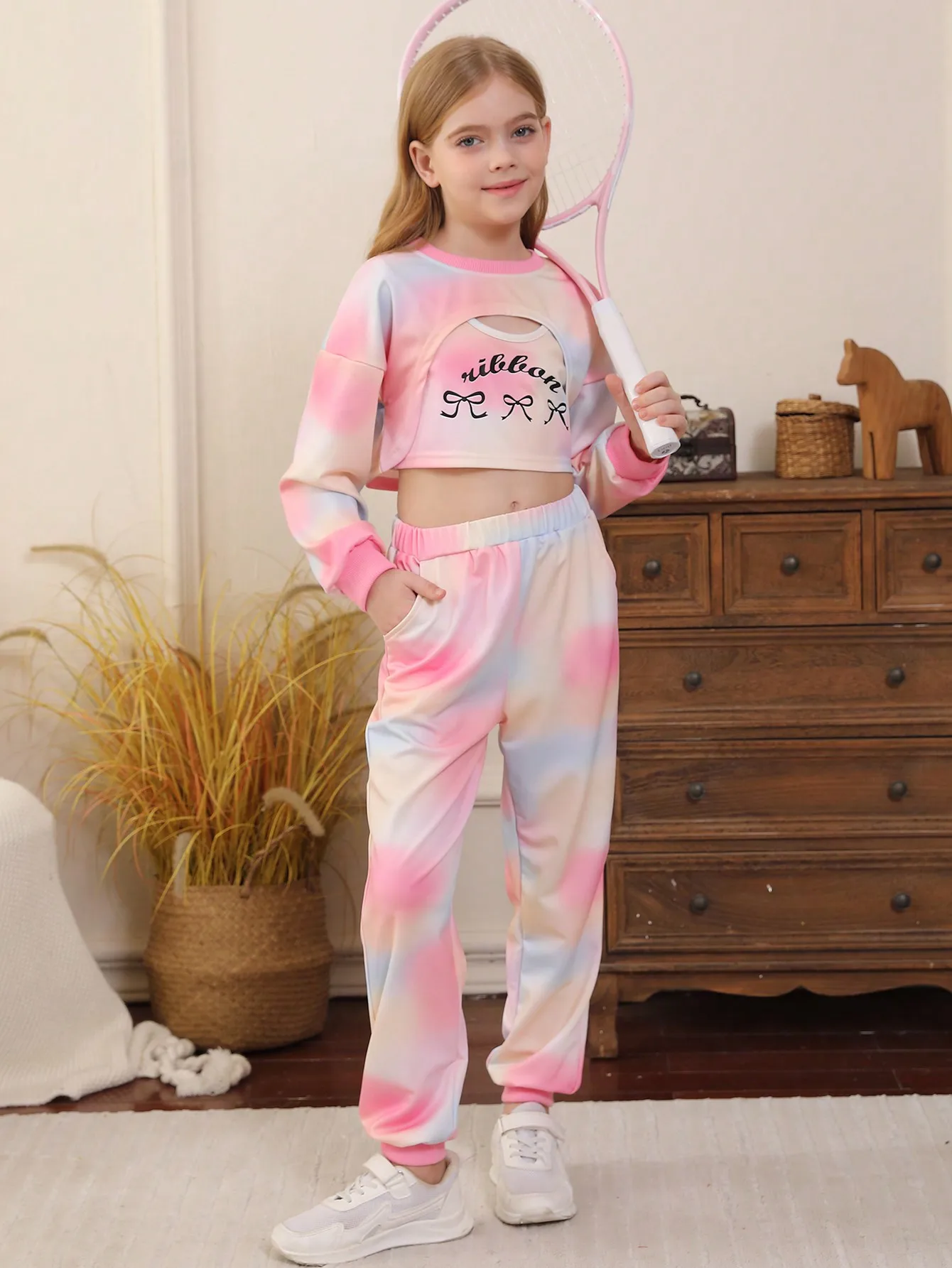 Spring and Autumn New Girl Tie Dyeing Two Piece Set Long Sleeve with Hollow and Printed Children's Fashion Casual Sportswear