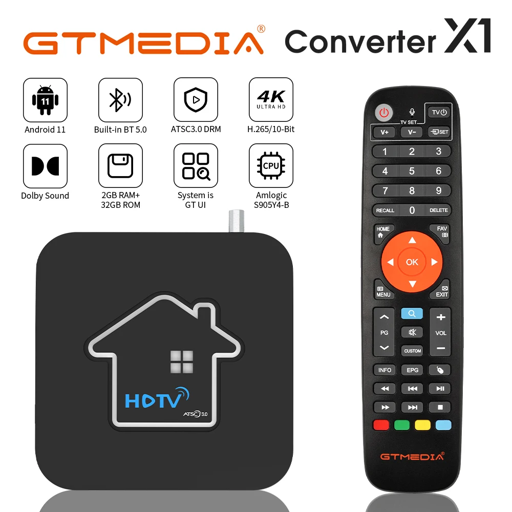 Android 11 TV BOX GTMEDIA HDTV Converter X1 Built-in BT5.0 Wifi 2GB RAM +32GB ROM compatible with ATSC3.0/ATSC1.0 digital signal