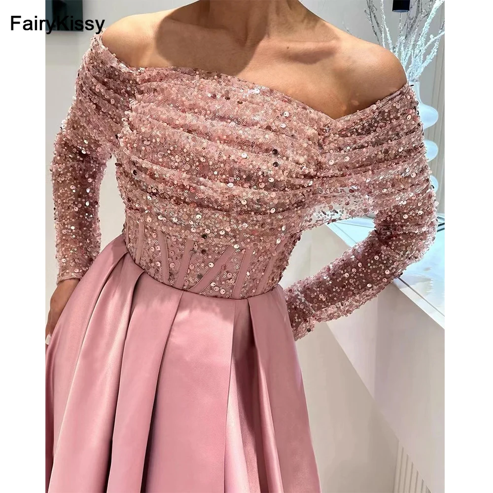 

FairyKissy Sparkling Evening Dresses A Line Sexy Off Shoulder Sequined Woman's Prom Dress Long Sleeve Satin Fashion Party Gowns