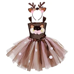 Cartoon Deer Bambi Tutu Dress Christmas Children Mesh Princess Dress Halloween Cosplay Costumes New Year Gift for Girls