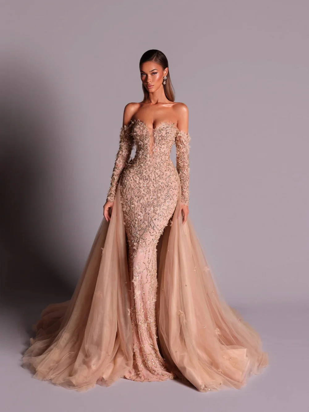 Oszałamiająca suknia wieczorowa z kryształowymi kwiatami 3D, z odpinaną spódnicą, odkryte ramiona, suknia na wesele, szyta na miarę, długa do podłogi, suknia na studniówkę.