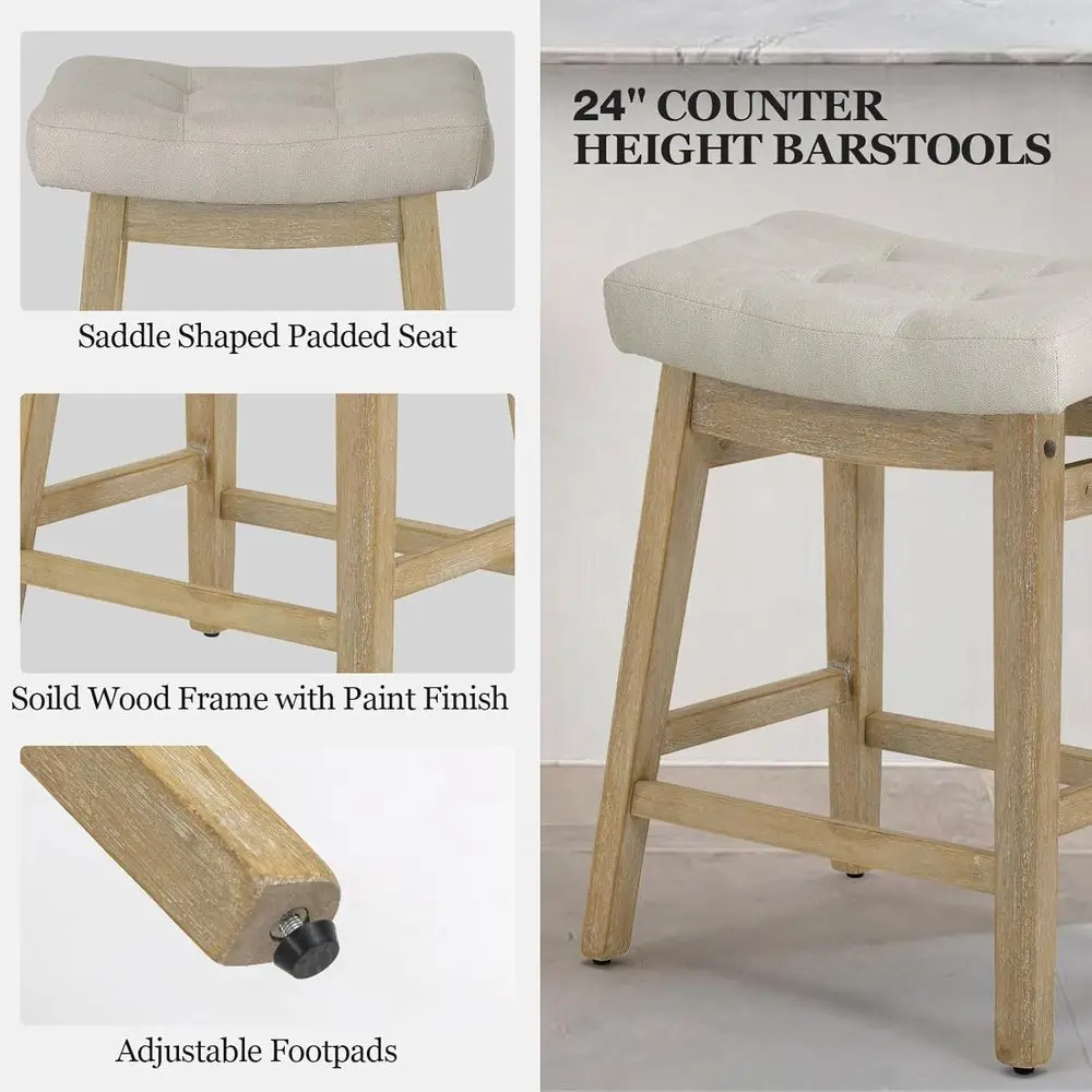 キッチンやダイニング用のベージュの張り地と無垢材の脚が付いた24インチのカウンターハイトサドルシートバースツール3脚セット