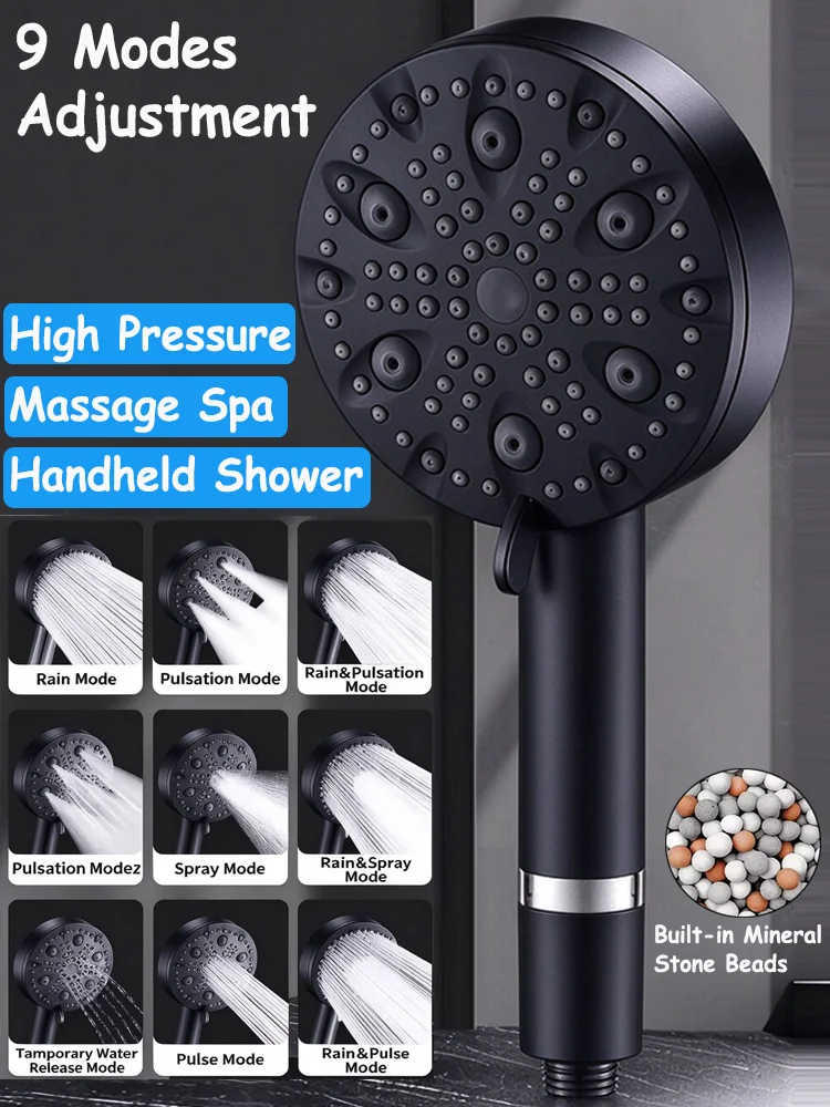 9 Modes High Pressure Shower Head Mineral Balls Filter Purified Water Spray Nozzle Multi-functional Bathroom Handheld Showerhead