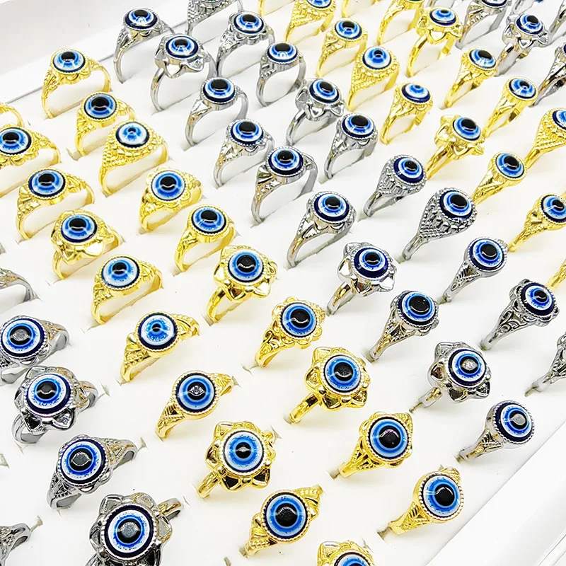 50pcs/Lot Wholesale Factory Gothic Blue Eye Finger Rings For Women Gold Color Fashion Chic Resin Ring Hot Gift Alloy Metal Girl