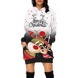 Merry Christmas Letter Print Hoodies Mini Dress With Pockets Pathcwork Long Sleeve Hooded Sweatshirt Loose y2k Versatile Clothes