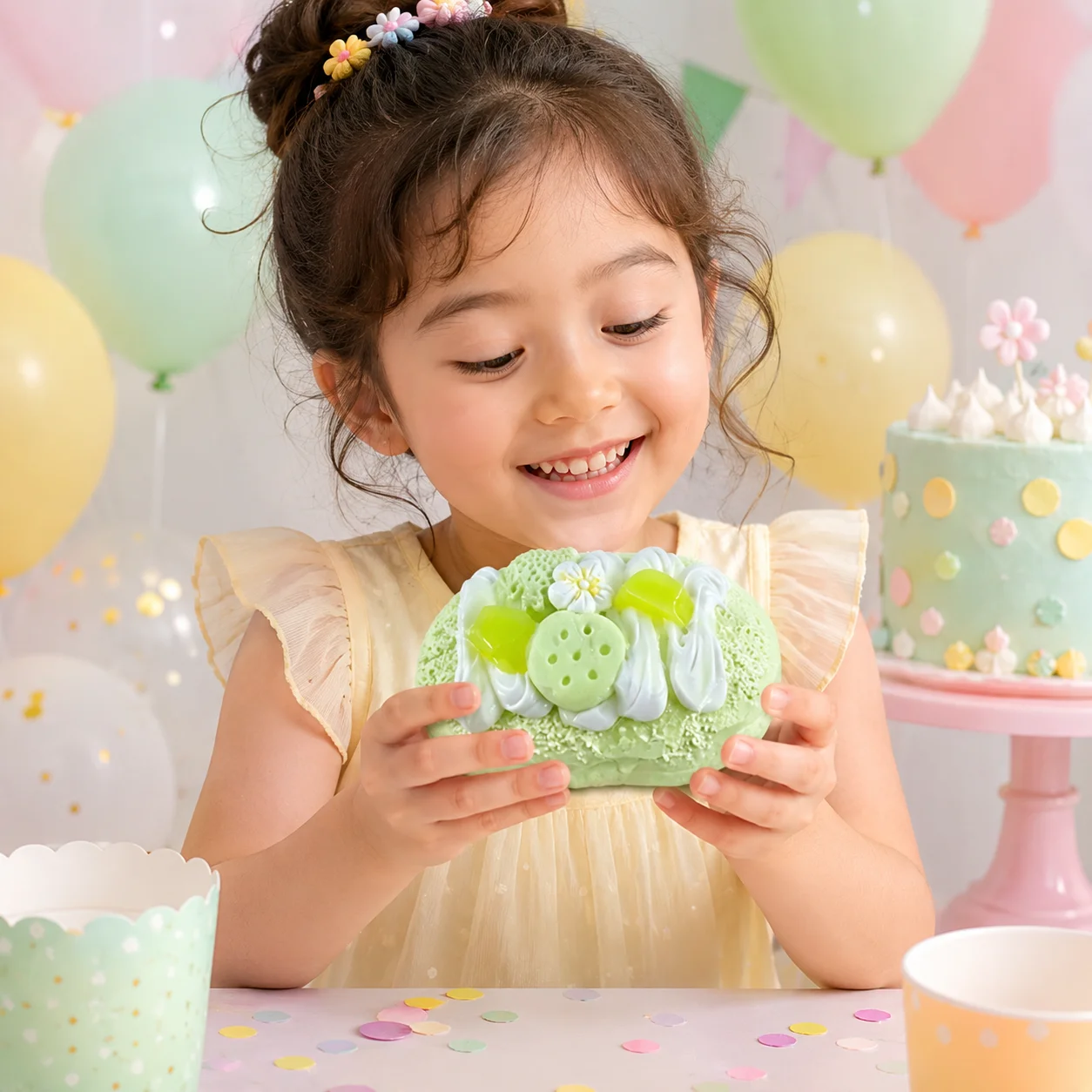 Soft Food Grade Light Green Oval Squeeze Toy Textured Powder Surface White Whipped Cream Lotus Root Fruit Slice Flower