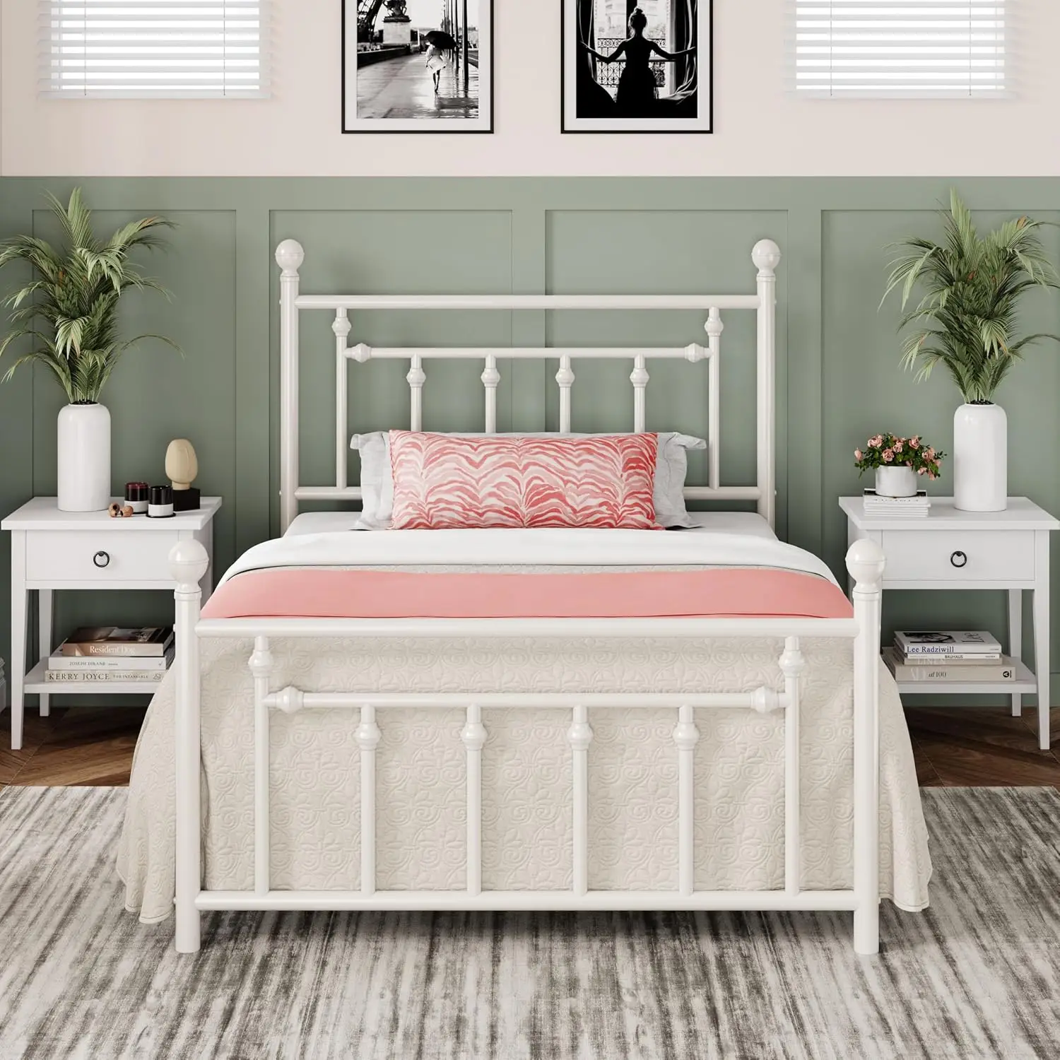 

14 Inch Twin Size Metal Platform Bed Frame with Victorian Vintage Headboard and Footboard/Mattress Foundation/Under Bed Storage