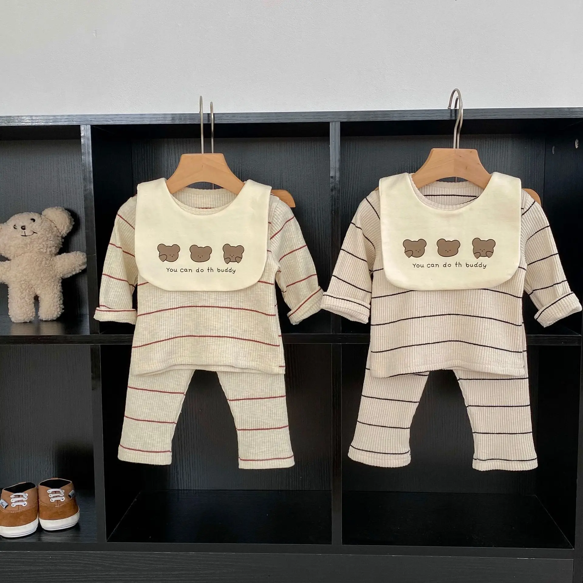 Baby Clothing Set 2024 Autumn New Striped Boy's Pajamas Suit Top+Pant+ Detachable Bear Saliva Towel Three Piece Suit 66-100