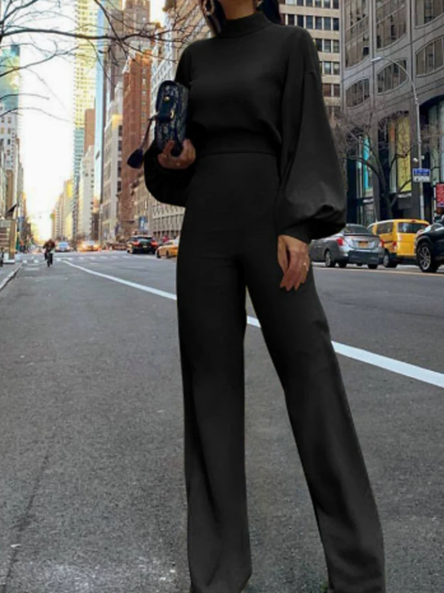 Women Elegant Fashion Slim Fit Yellow Wide Leg Casual Overalls Office Look Work Lantern Sleeve Mock Neck Jumpsuits
