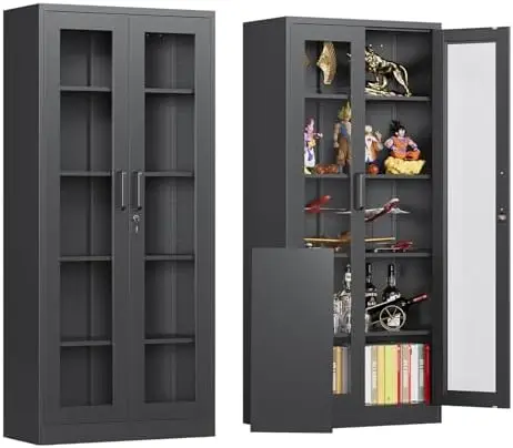 Locking Display Cabinet with Glass Door, 71”H Metal Curio Cabinets with Adjustable Shelves, Black Liquor Caninet