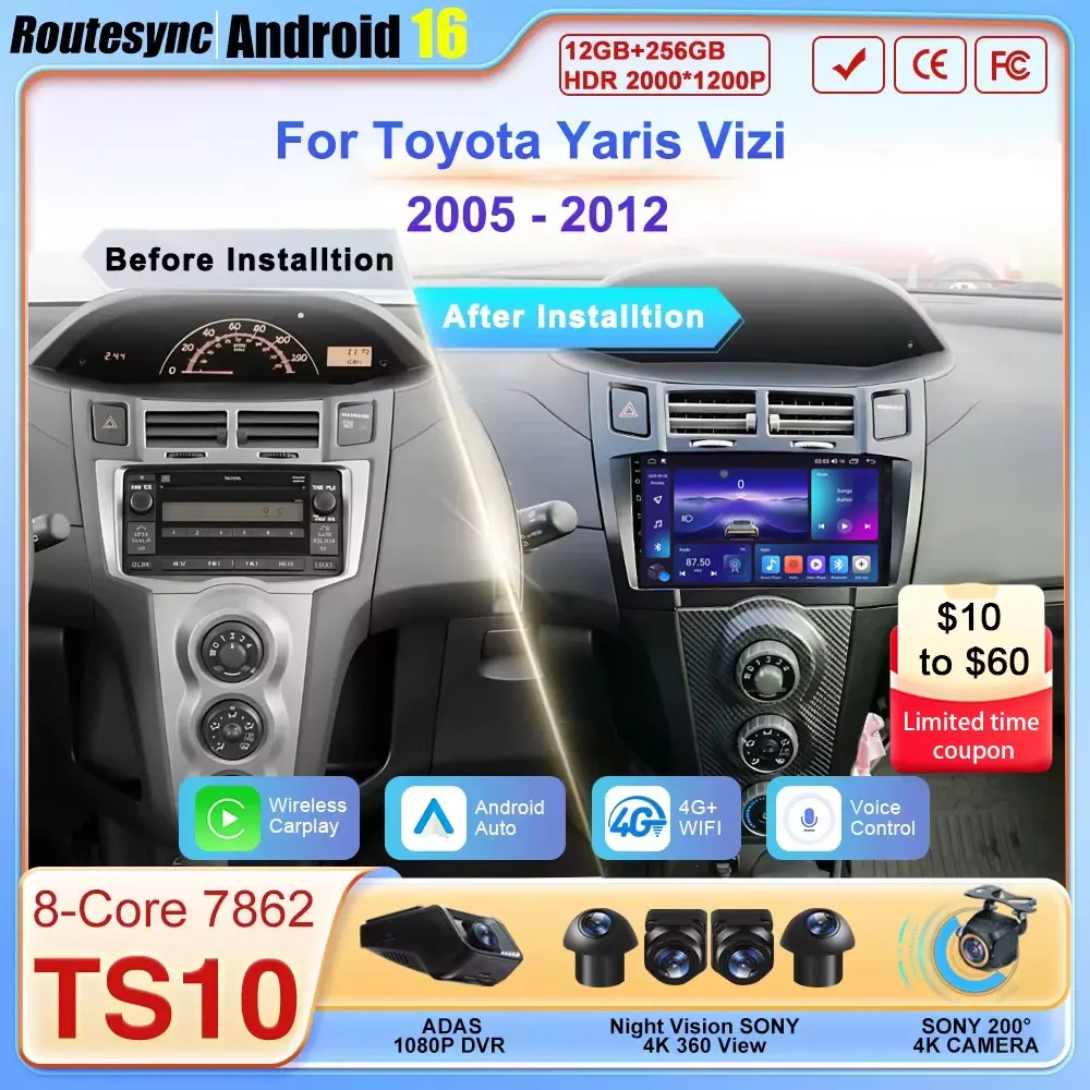 

Автомагнитола Android 16 с Carplay для Toyota Yaris Vizi 2005-2012, Bluetooth, автомобильная мультимедийная навигационная система GPS, 8-ядерный процессор