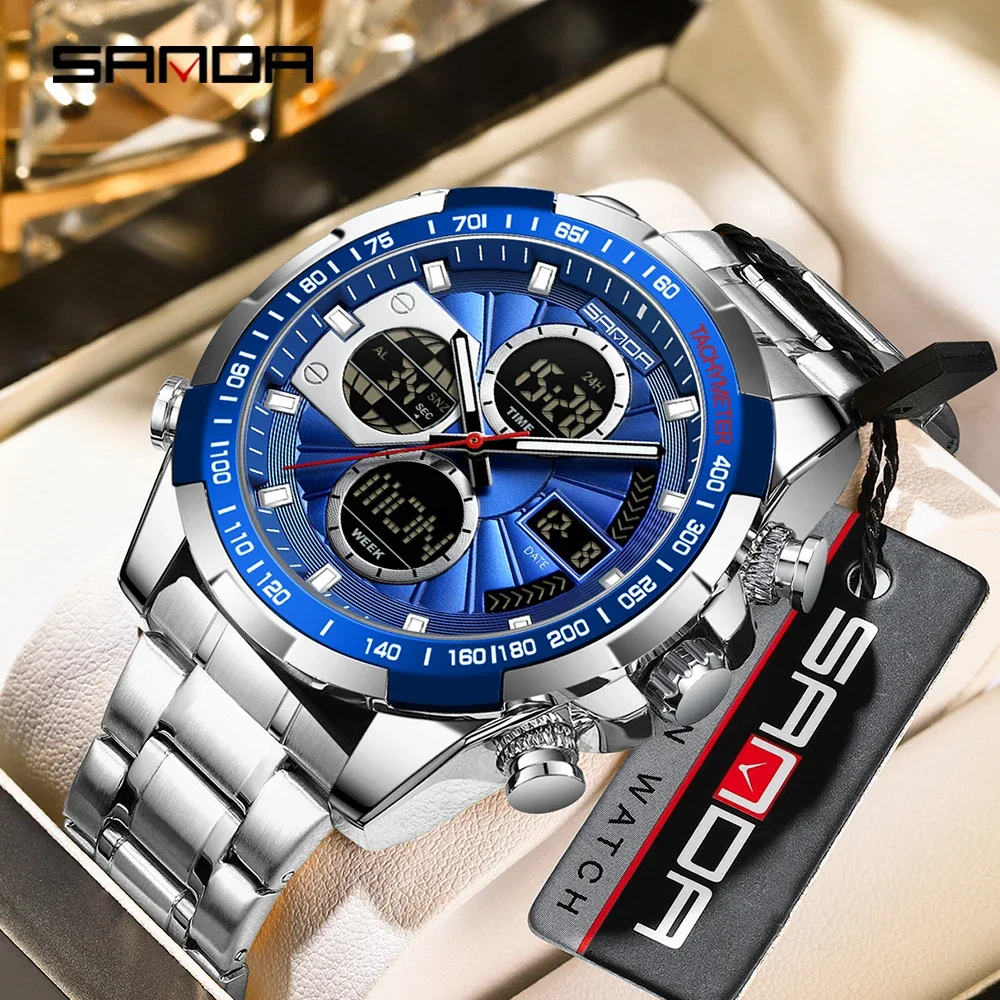 SANDA العلامة التجارية الجديدة 5105 ساعة إلكترونية عصرية للرجال مع شاشة مزدوجة متعددة الوظائف إضاءة مقاومة للماء ضوء الليل 2025