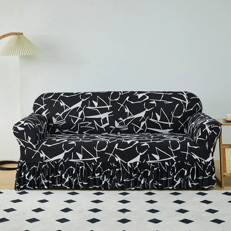 Geometric Printed Sofa Cover with Skirt Edge High Elastic Dustproof Sofa Protective Cover Stretch Cloth Towel with Elastic Band