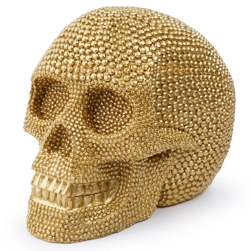 

2025 New Resin Sparkling Golden Skull Statue With Intricate Detailing For Office Decoration Or Halloween Party