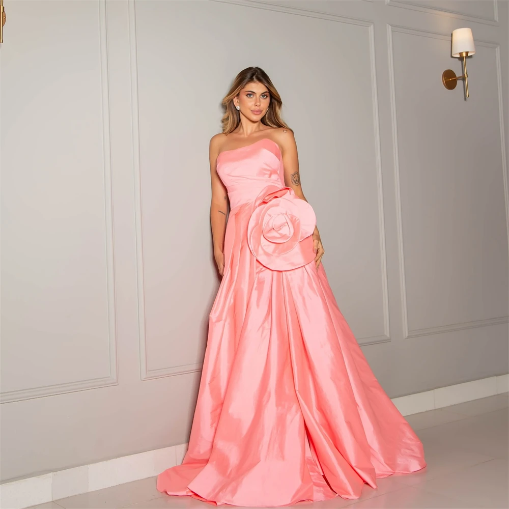 Customized Classic Pink Satin Evening Dress Strapless Sleeveless Celebrity Gowns Flowers Delicate  Bespoke Occasion Gowns