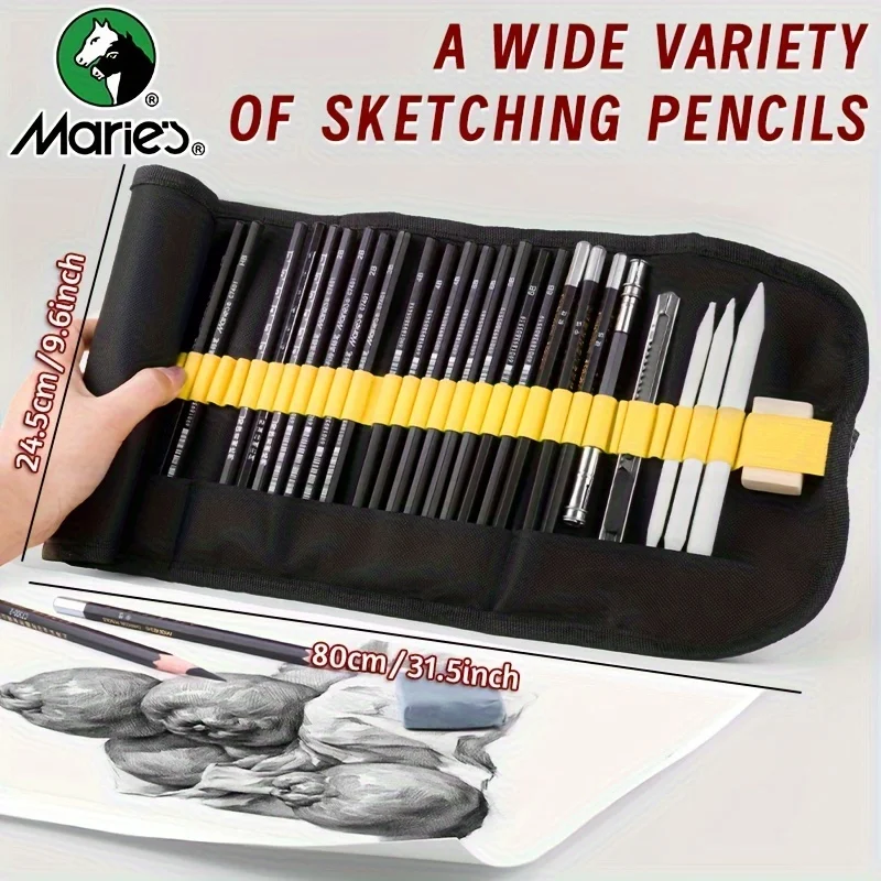Marie's 30 ชิ้น Sketching ชุดดินสอ, Sketch ดินสอถ่านเครื่องมือ All-in-One จัดเก็บสําหรับวาดภาพสําหรับศิลปินและผู้ใหญ่