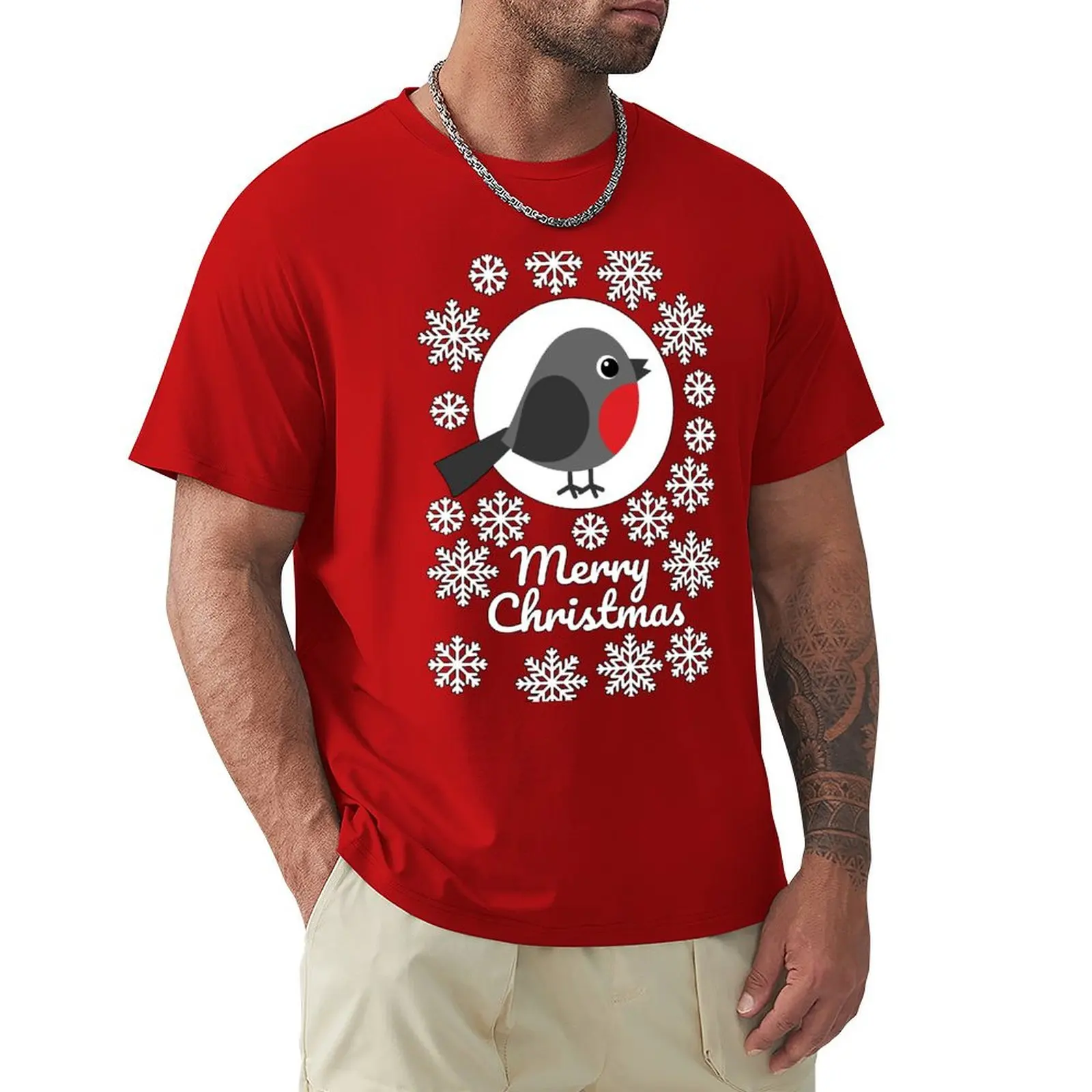 

Merry Christmas Robin Snowflakes T-Shirt plus size tops funnys Aesthetic clothing tops workout shirts for men